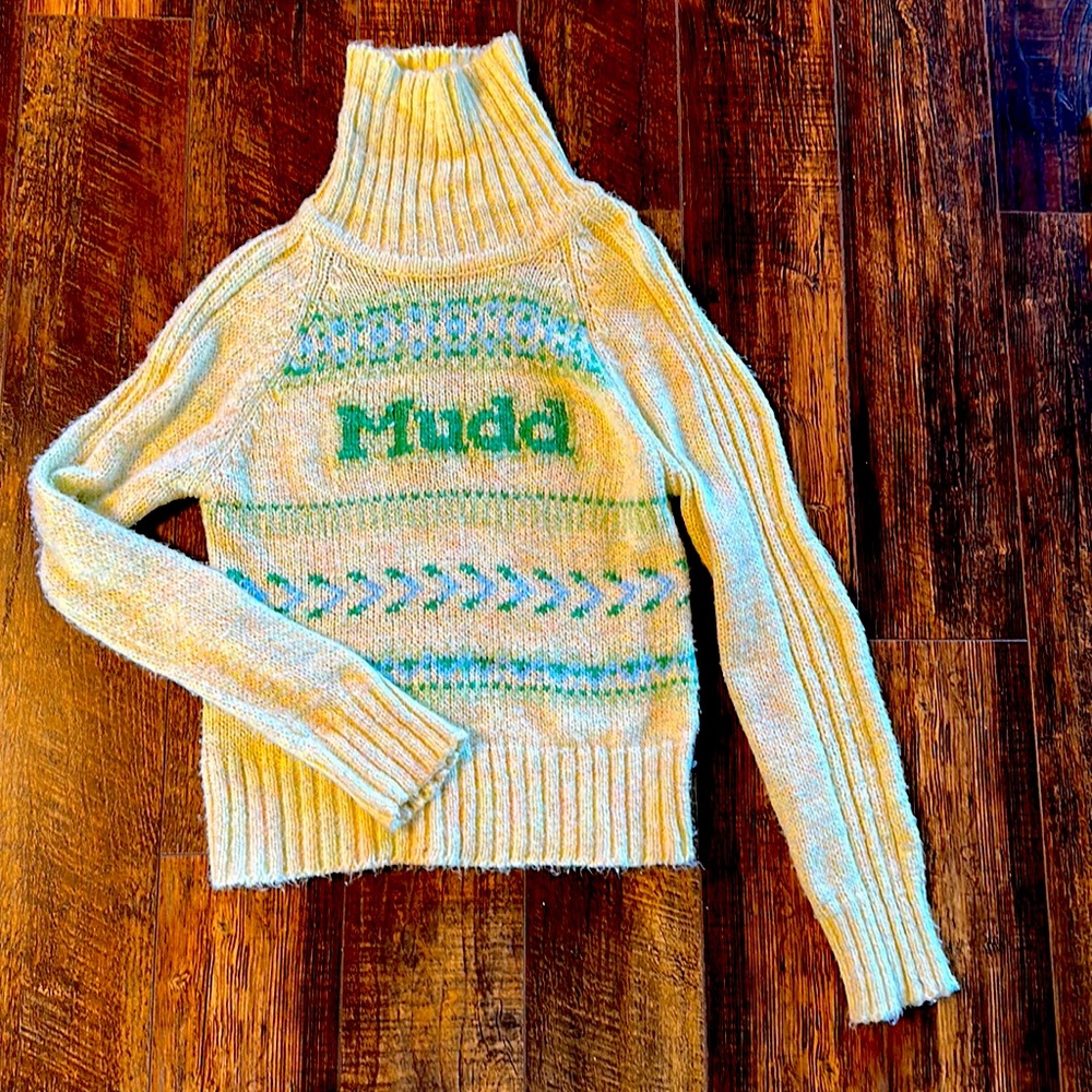 Vintage, cozy yellow turtle neck sweater. Colorful front